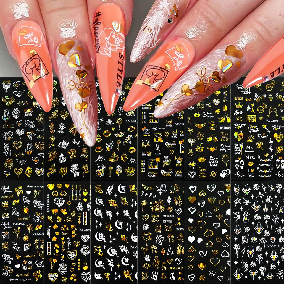 1pc 3D zlatý laserový srdcový nálepka na nechty Láska/Listy/hviezda/anjel Design Net Decal Y2K Romantický valentín Deň DIY manikúrové potreby