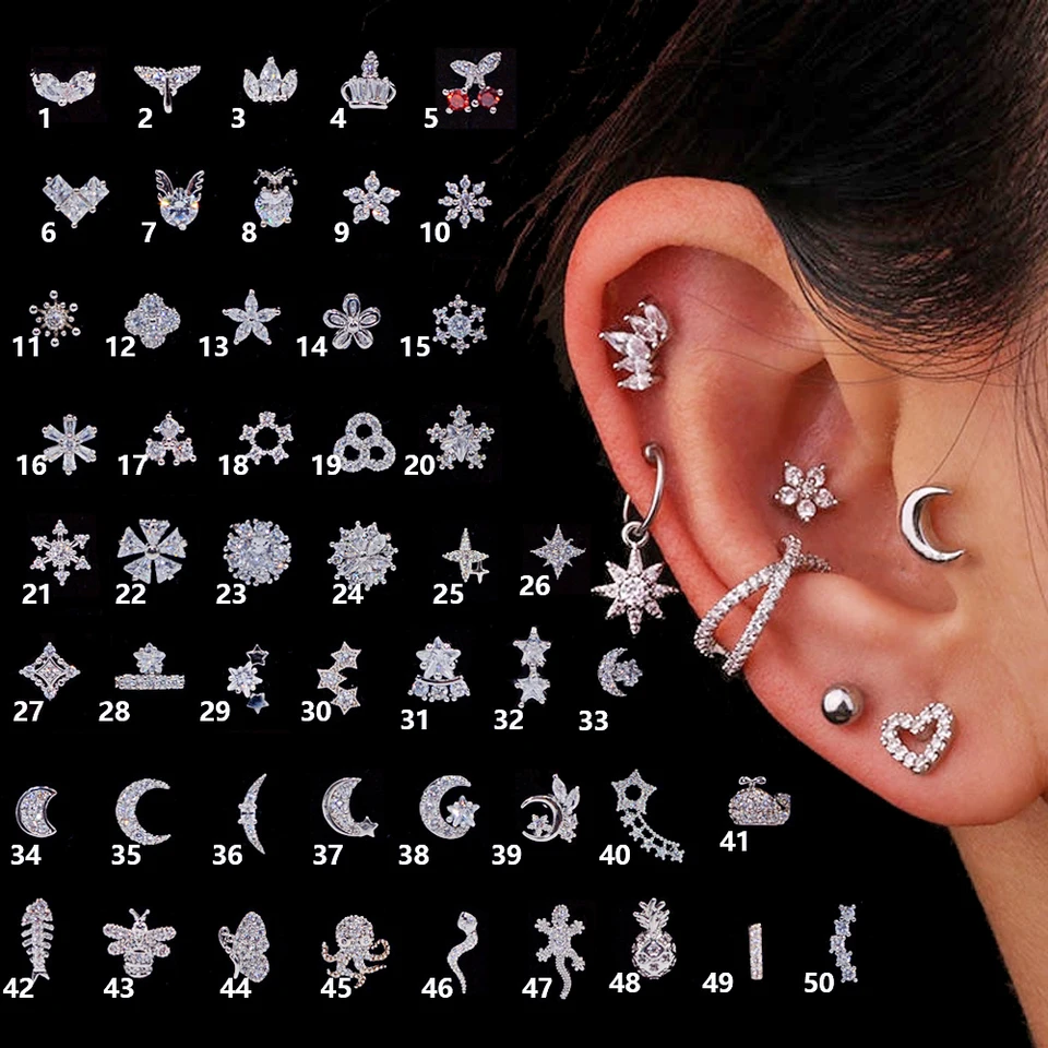 1PC 50 Štýly Vyberte si oceľový uší tragus chrupavka Piercing Moon Star Chrupav náušnice Conch Tragus Stud Helix Chrupp Piercing