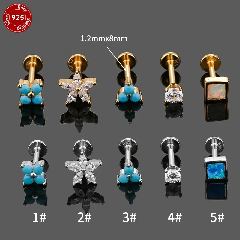 1pc 925 Sterling Silver Labret Lip Piercing pre ženy pre ženy modré náušnice chrupavka Tragus Piercing Studs Islamské šperky