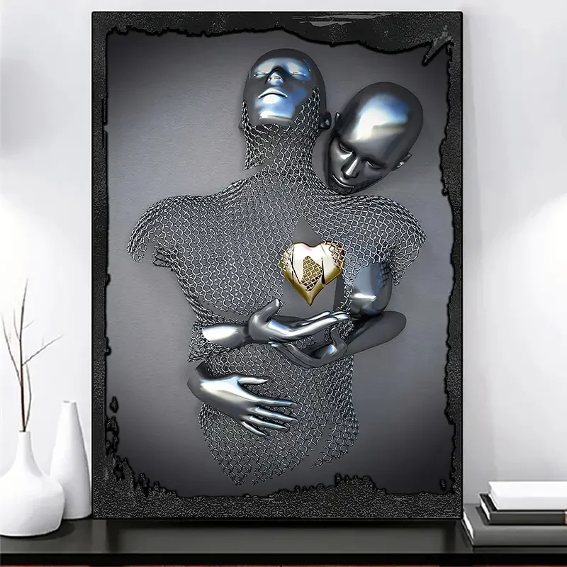 1PC Abstraktná kovová postava Socha Art Canvas maľba moderných milencov sochárske plagáty Domáca stena dekor bez rámu