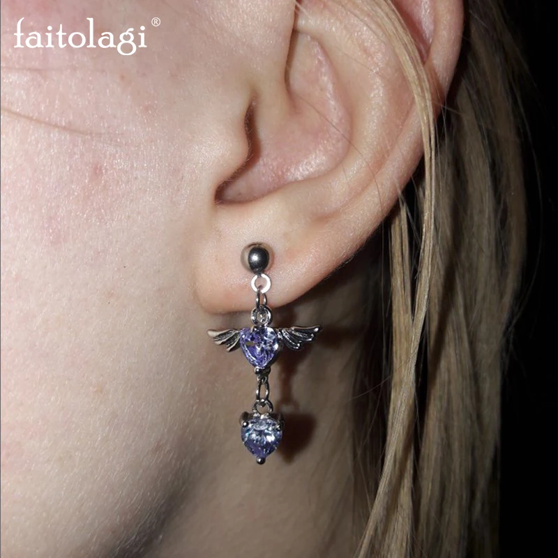 1PC Angel Wings Heart Piercing Náušnice pre ženy lesklý zirkón Love Heart Retiad Tassel Ear Stud Helix náušnice y2k egirl šperky