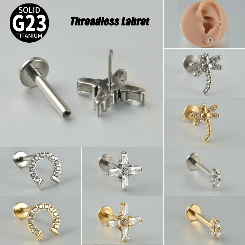 1PC ASTM F136 Titanium Push-in Labret Ear Ear Tragus Tragus Dragonfly kríž plochý zadný náušnica bez závitu Piercing šperky 1,2x8mm