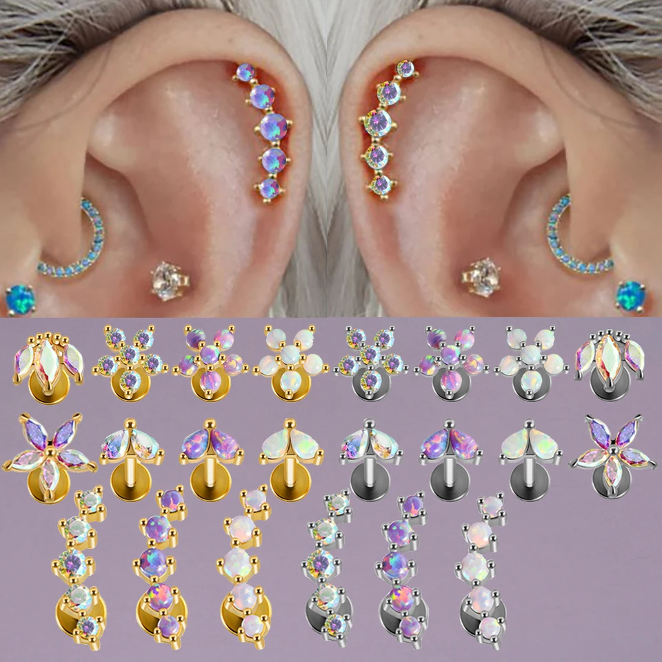 1pc chirurgická oceľ Zlatkovo pokovovaná korunná kvetina Labret Stud Arc Opal zirkón tragus uší chrupavka tela prepichnutie šperky 16g