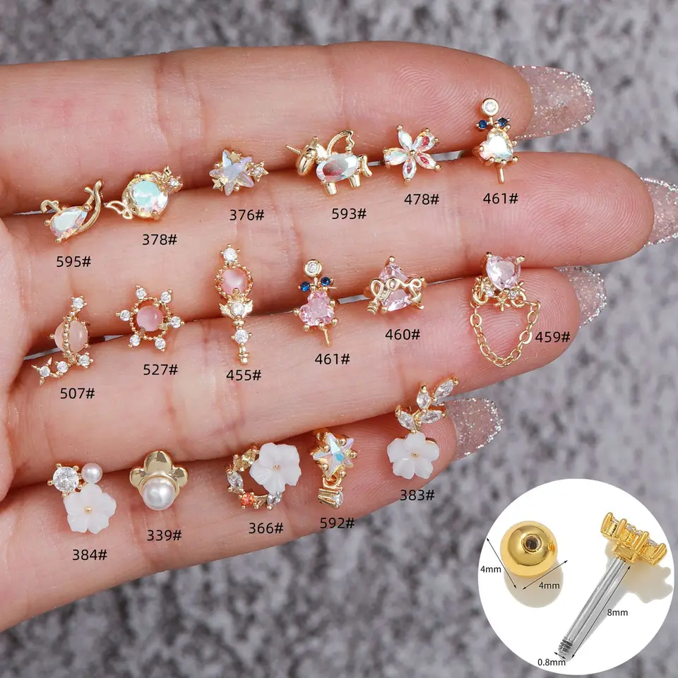 1PC Crystal Zirkón Kvetina chrupavky Stud Stud pre ženy z nehrdzavejúcej ocele hviezdy Moon špirála skrutka zadné piercingové telesné šperky