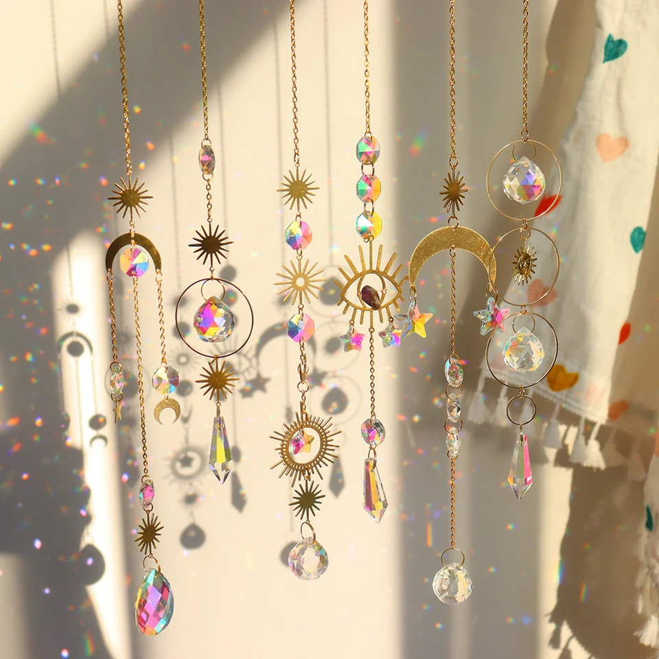 1PC DreamCatcher Sun Catcher Crystal Prism Ball Gold Moon Star Rainbow Sun Catcher Interné okno Otváranie automobilového dekorácie darček