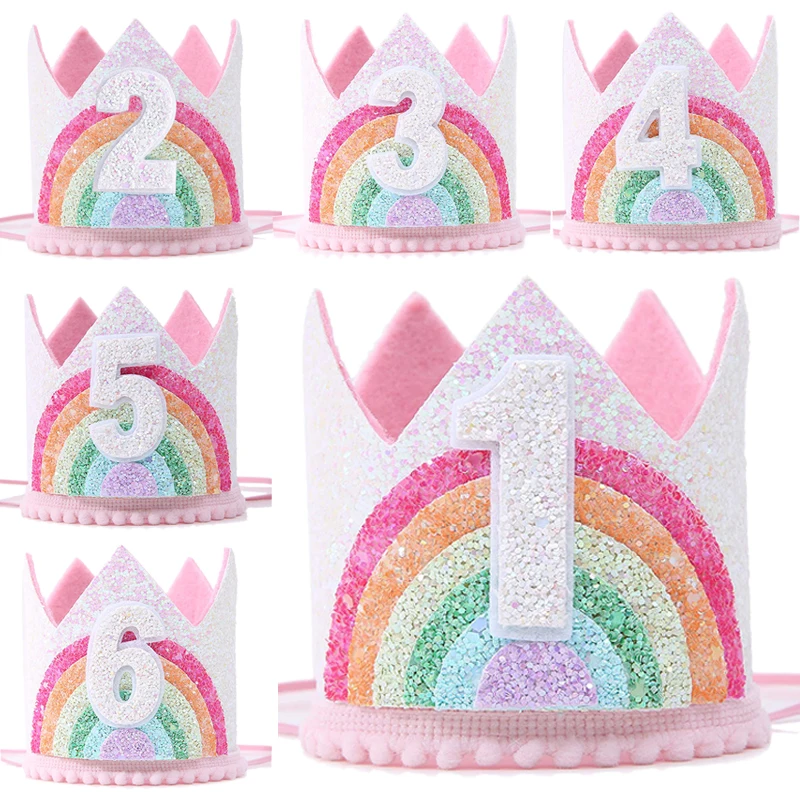 1PC Felt Rainbow Téma narodeninová oslava Koruna 1. 2. 3. všetko najlepšie k narodeninám Decor Decor Detj Shower Party Číslo klobúku Unicorn Party