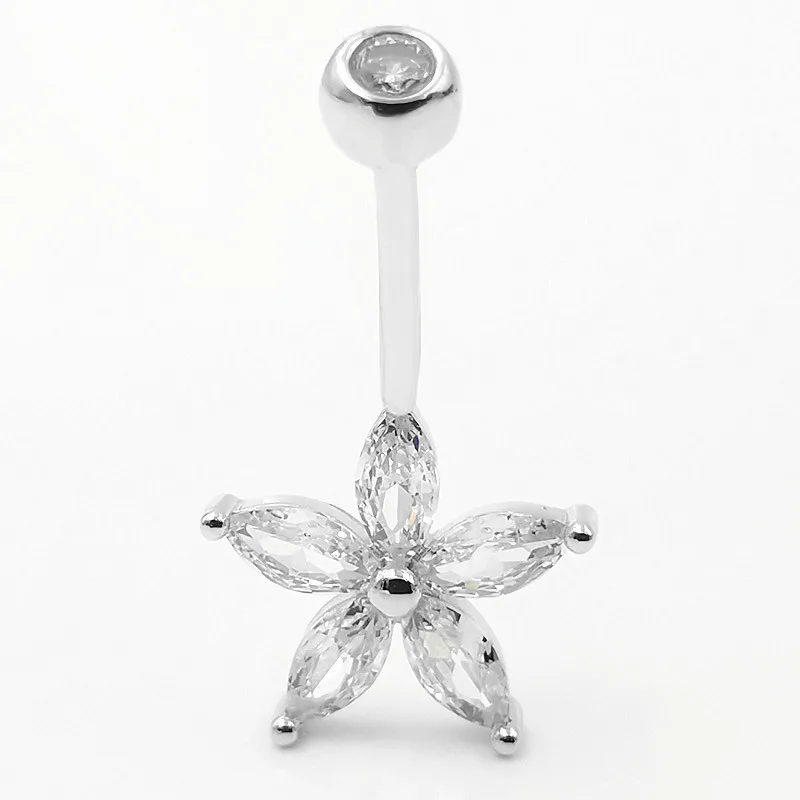 1PC Flower Navel Ring 925 Sterling Silver Bruch Goming Rings Bar Barbell Body Piercing Jewelry pre ženy