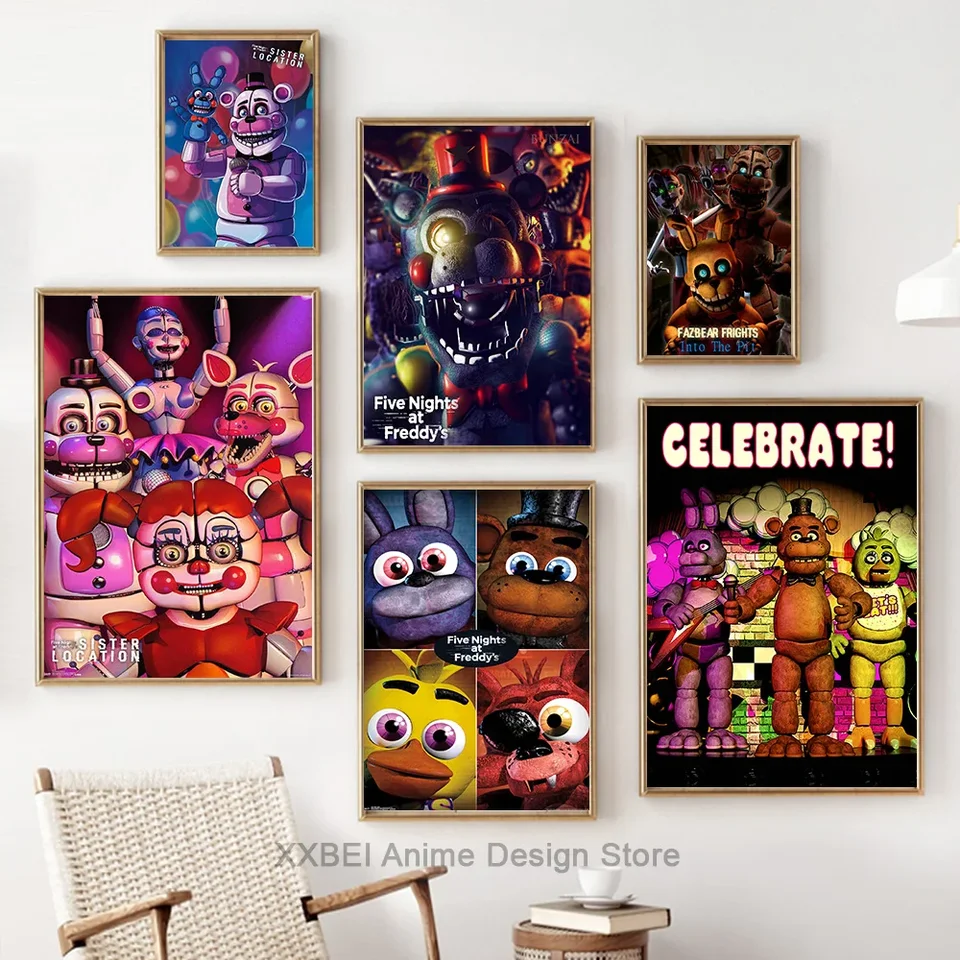 1pc FNAF päť nocí, Anime Plagát s anime kvalitnými nálepkami na stenu Kawaii Decor Decor Interoor Hanging Core Core