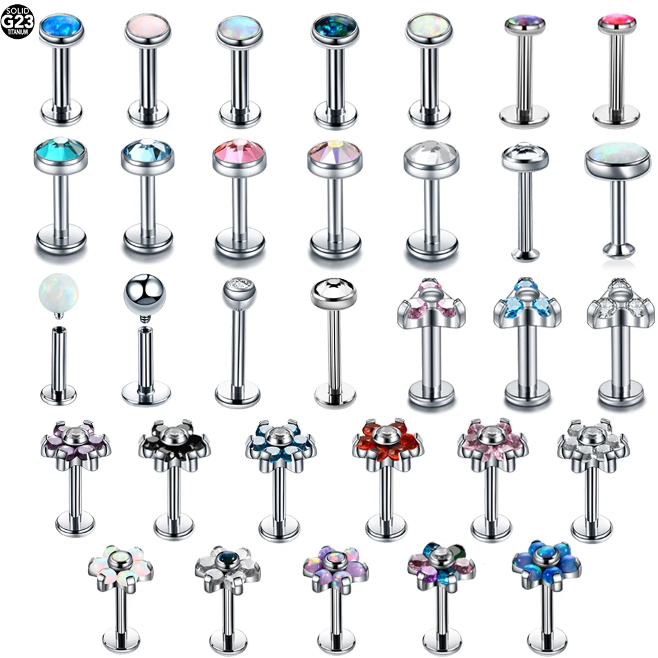 1pc G23 titán s vnútorne závitovanými labretmi pierový prsteň Opal Stone 16G 14G Tragus Helix Monroe Ear Uši chrupavky Piercing Piercing