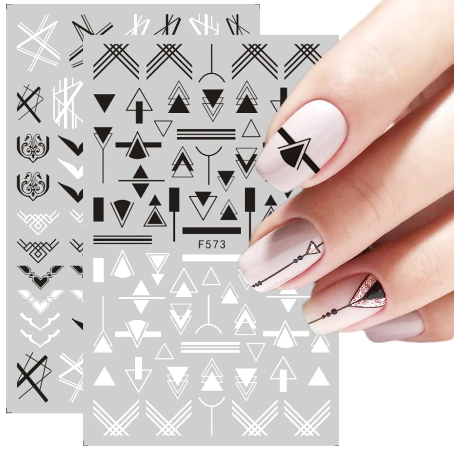 1PC Geometry Sliders 3D nalepka na nechty Čierne biele trojuholníky Line Gel Gel Art Art Decals Flower Listy Manipure Dekorácie fólia LAF573