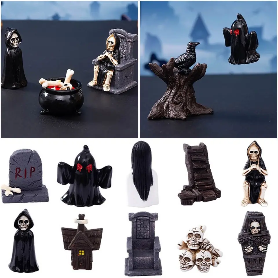 1PC Halloween Miniature Figurine Bone Skull Rakoa House Stolička Strašidelná strata duchov Sochy Ozdoby Micro krajina
