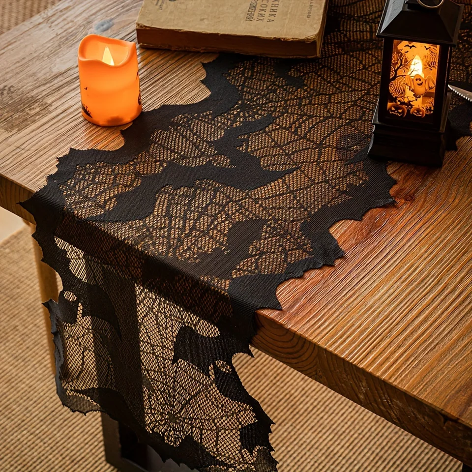 1pc, Halloween Spider Web a Bat Table Runner, Polyester, Spooky Night Party Decor, Black Lace Festive Home & Table Accent