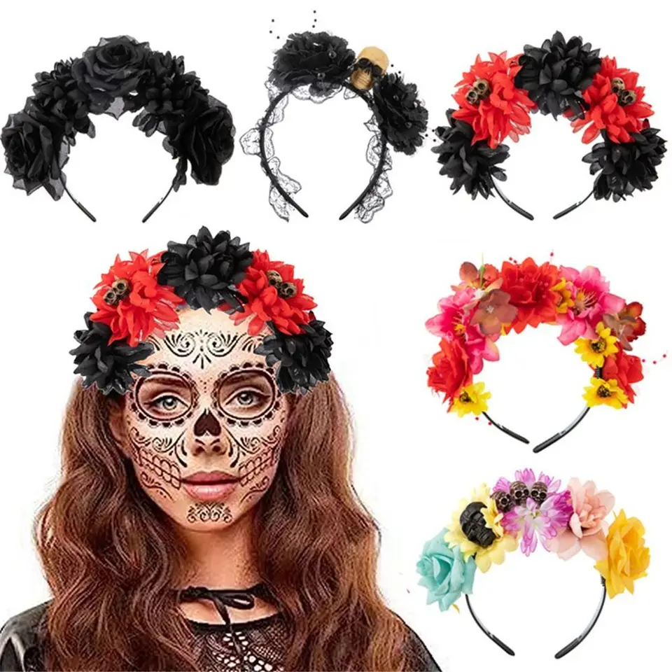 1pc Halloween čierny závoj ružový kvet čelenka Mexická ruža kvetina čelenka kvetinová kvetina