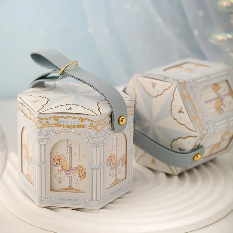 1PC Hexagon Candy Box Cartboard Box Darčekové obaly s koženou rukoväťou pre svadobné narodeniny pre bábätká DECON DETOR