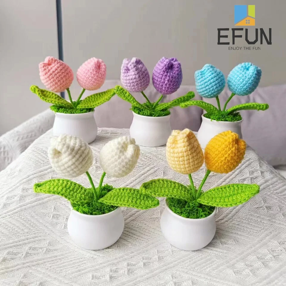 1pc háčkovanie Tulipány v hrnci, ručne vyrobené pletené umelé kvetiny, farebné kvetinové ozdoby, výročie, narodeniny, narodeniny