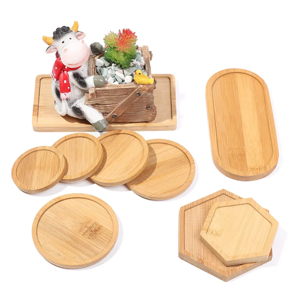 1PC jednoduchý bambusový drevený podnos okrúhle štvorcové šesťuholníky kvetináče kvetináča kvetináča hrnca Sukulenty bonsai držiak domov dekor