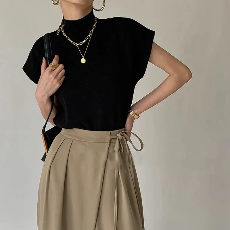1pc košeľa a blúzky kancelária Lady Fashio Summer Woman Stand-Up Pletená vesta voľné elegantné vrcholy krátke rukávy