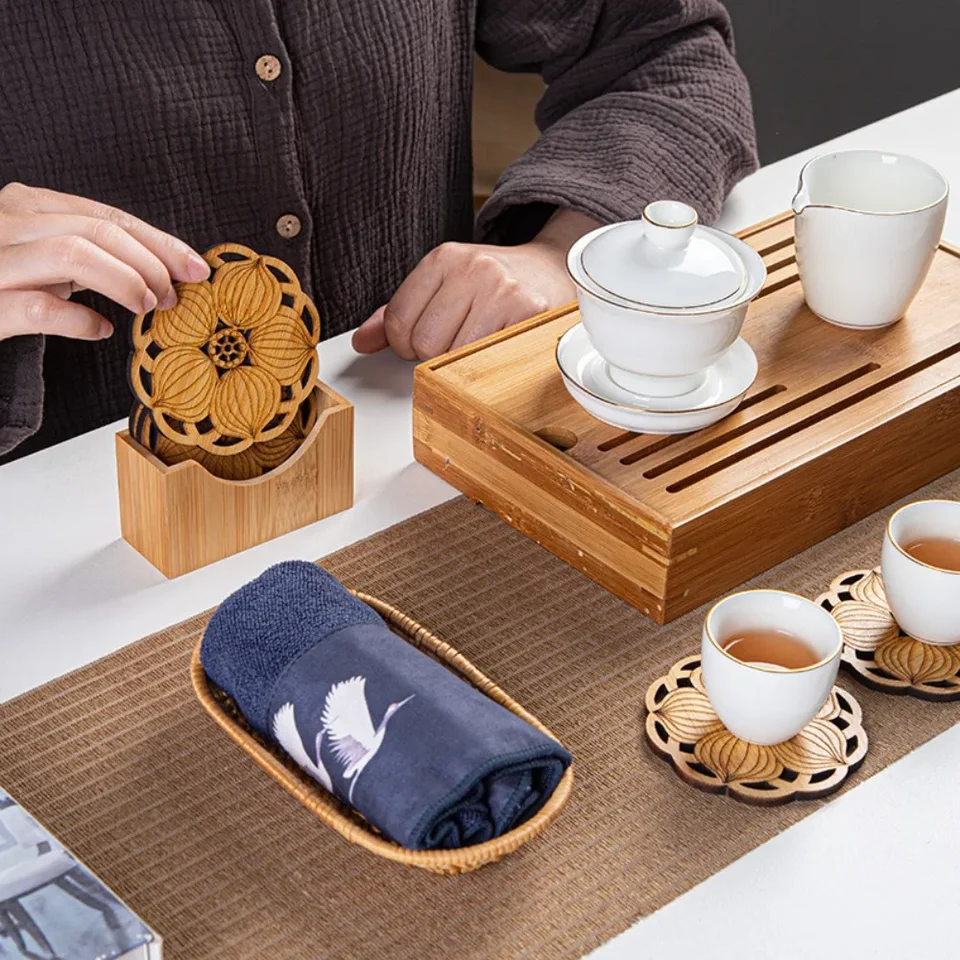 1pc kreatívny lotosový kvetinový nápoj Coaster Drevené okrúhle šálka mat stola stola čajový čaj Káva kávu prestieranie domáce dekorácie Kitchenaccessorie