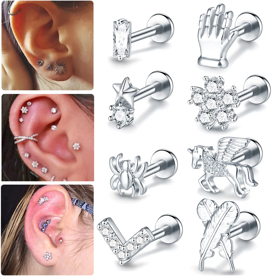 1pc krištáľový kvetina tragus piercing náušnice ploché 16 g vnútorne závit pery monore špirálové prstene prstene conch Rook Lobe náušnice Piercings