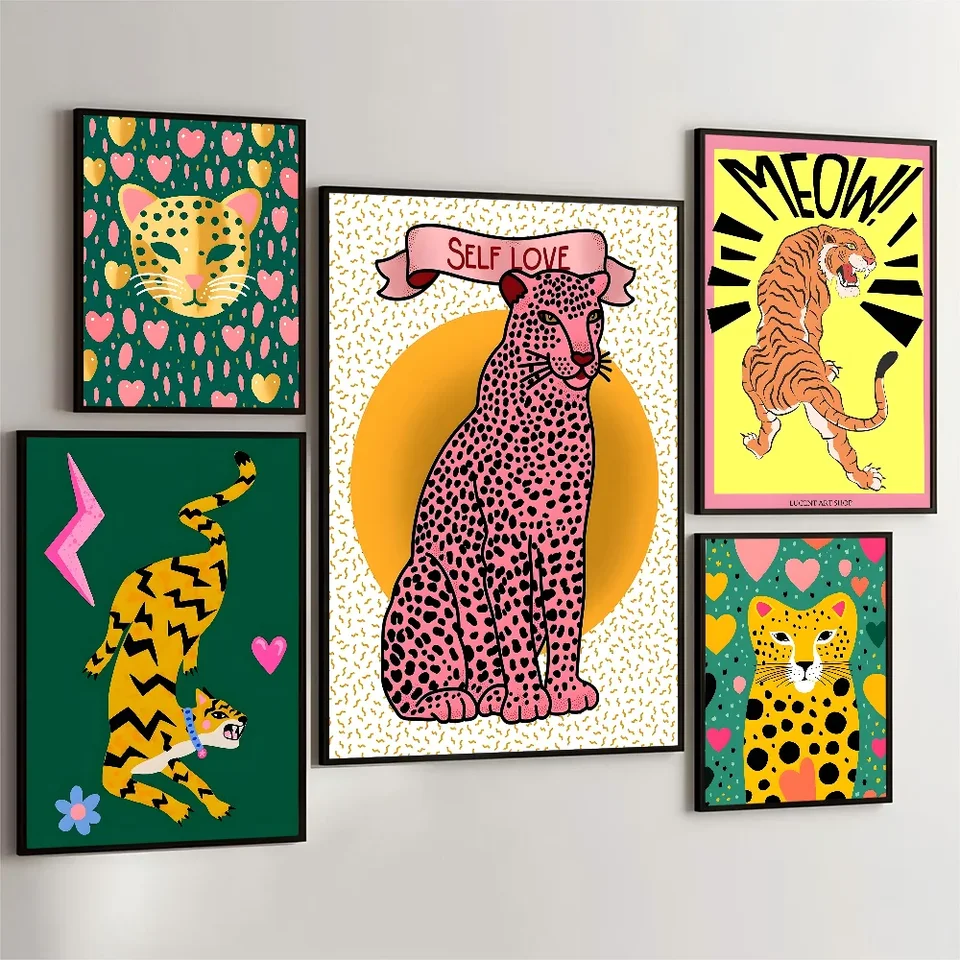 1pc leopard tiger váza kvet dúhová dievčina lepkavé plagáty retro kraft papierová nálepka miestnosť bar Bar kaviareň estetická maľba