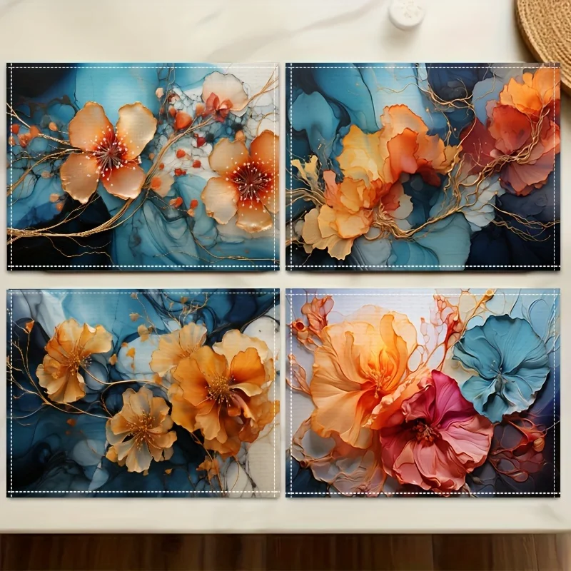 1PC LINEN PACEMATS, Škandinávske umenie oranžové ružové modré gradient kvetinové vzorce, vysokoškolské dekoratívne stolové rohože