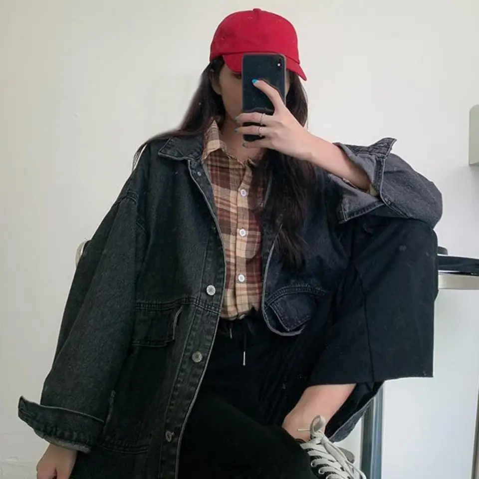 1PC Loose Women Denim bunda retro jednoprsping dochádzajúce nákupné bunda Turnwow-Down s vreckami nadmerne veľkým kabátom