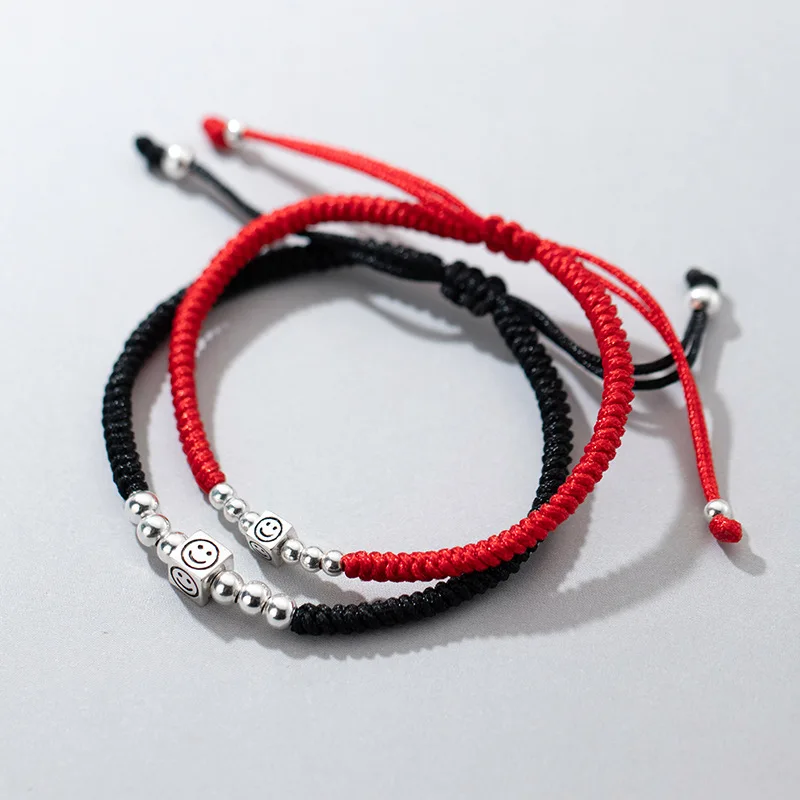 1PC/Lot 925 Sterling Silver Smile Stried Square Práce náramky 24 cm nastaviteľné čierne červené lano korálkové náramky