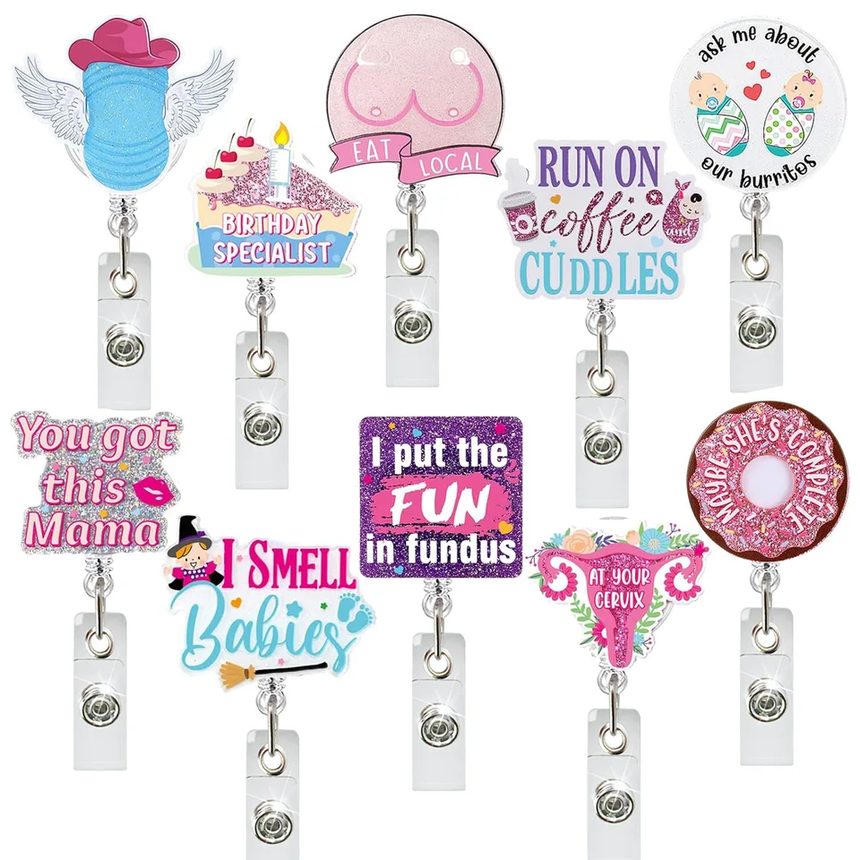 1pc Medical Acrylic Glitter Detská maternica Donut Donut Rovnakovateľný odznak Rotujúca otáčanie Krokodílového klipu ID držiaka odznaku pre lekárov