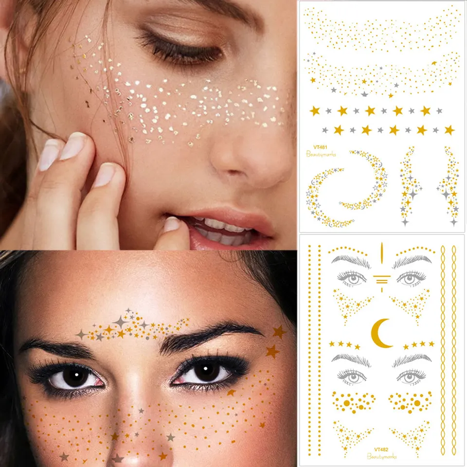 1PC Metallické pehy make -upové záplaty nepremokavé dočasné tetovacie nálepky pre tvár a obočie hviezdy Mesiac Freckles falošné tetovanie