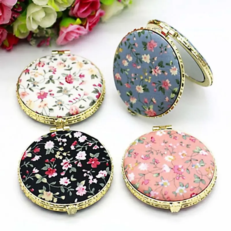 1pc Mini okrúhle vrecko na skladací make -up zrkadlo vintage dvojité strany kvetinová tlačová doprava
