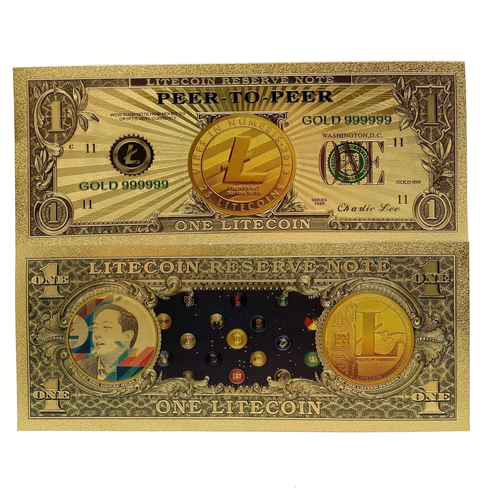 1PC New Litecoin Golden BankNote Fyzická pamätná pamiatka LTC Crypto Coin Zhromažďovanie zlatých kariet Digitálna mena Kreatívne darčeky