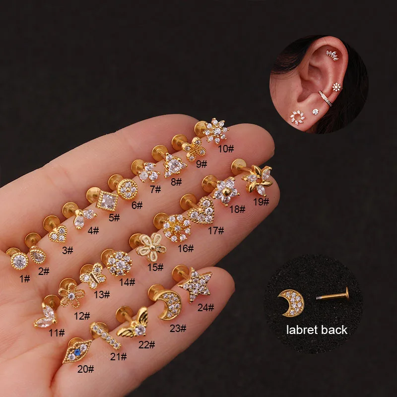 1PC Nový 16G ploché labret zadné ucho piercing krištáľový kvet korun srdca Moon Stud Studs Chrup