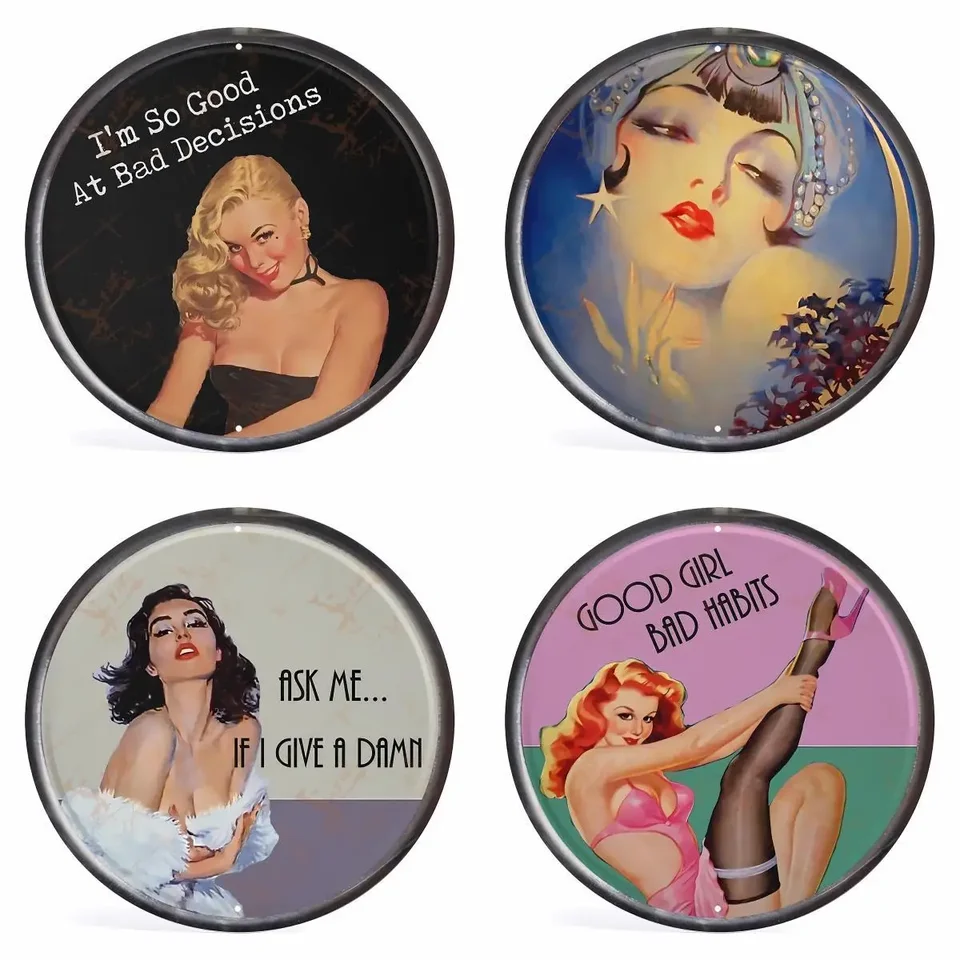 1pc okrúhle hliníkové znamenie dobré v zlých rozhodnutiach Pin Up Girl Pitie bakalárskeho vintage vintage stĺpého dekorácie pre domáci bar 8x8 palca