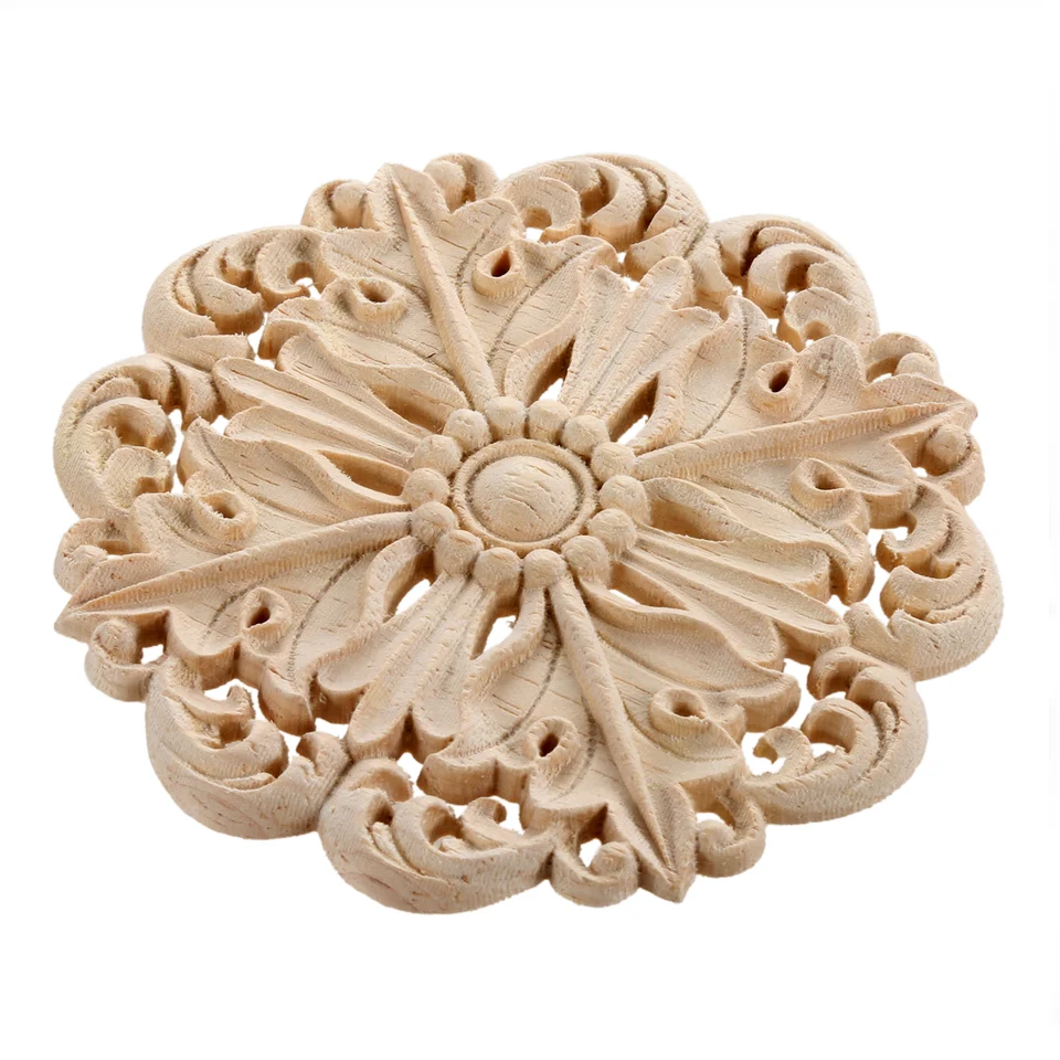 1pc okrúhle masívne drevo rezbárske nálepky nenatievaný disk nenatretý kvetina Onlay Decor Dvere Nákyp