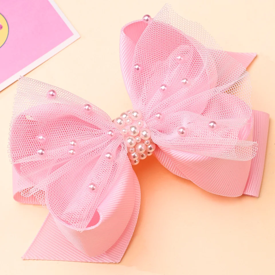 1PC Pink Bowknot & Pearl zdobené vlasové klipy pre dievčatá Kreatívne ručne vyrábané vlasové sponky dievčenské vlasy Accessoires Detské pokrývky hlavy hlavy