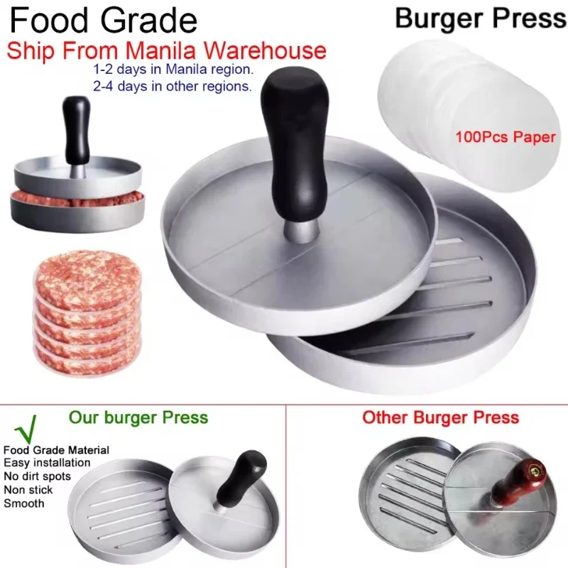 1pc predaj horúcich nových hamburgerových tlačových výrobcov z nehrdzavejúcej ocele Hamburger Patty Press Mold Wood Ruck Ruck Non-Stick so 100 patty papiermi