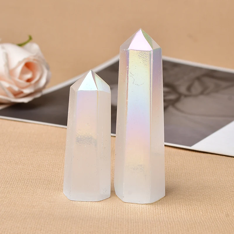1PC Prírodná aura selenit Crystal Point Electroplating Wand Wand Energy Energy White Quartz Home Decoration Reiki Tower Darček