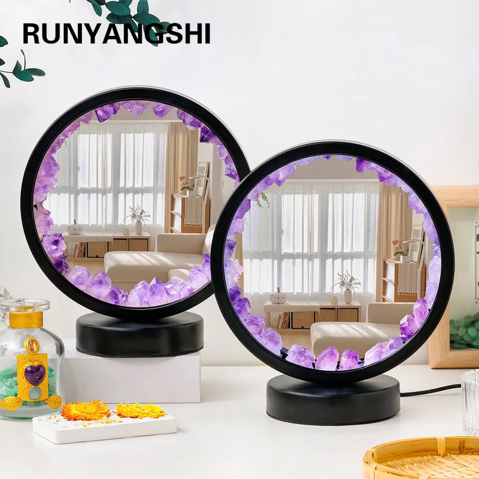 1pc prírodné kryštálové kruhové zrkadlo Nočná nočná nočná lampa Nabíjateľná prírodný kremeň kameň ametyst atmosféra ľahká spálňa deco