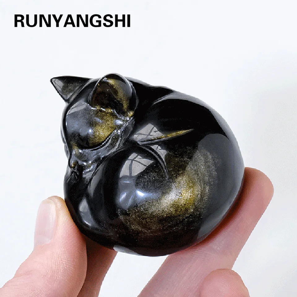 1PC Prírodný drahokam zlatý obsidián Sleep Sleeping Cat Crafts figurín Domov/kancelária/izba dekorácie darčeky