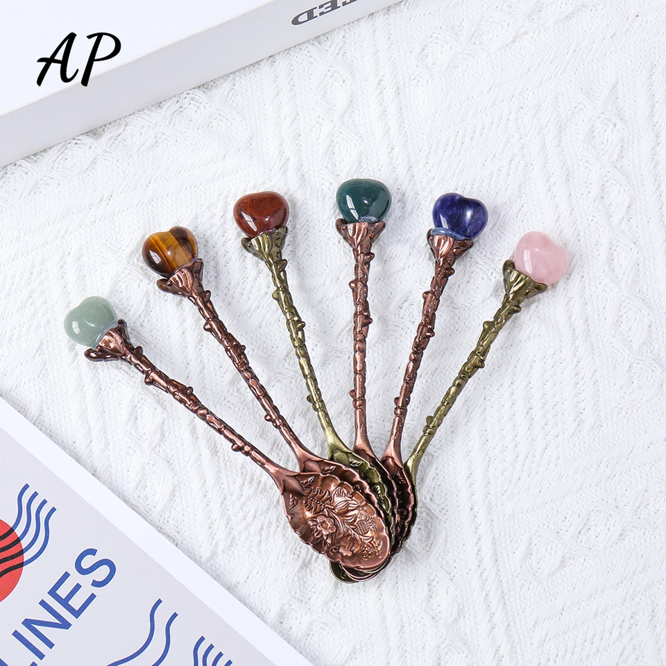 1PC Prírodný kryštál srdcový tvar lyžičky Energy Energy Rose Quartz Kuchynská dekorácia dezert Spoon Coffee Spoon Give