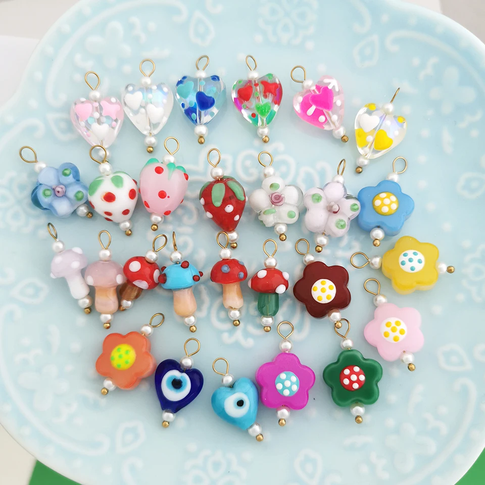 1PC QMHJE Glass Pendant Charm Kvetiny zlo Srdce Strawberry Huby ručne vyrábané vlastné náhrdelník z nehrdzavejúcej ocele Pearl Wholesale