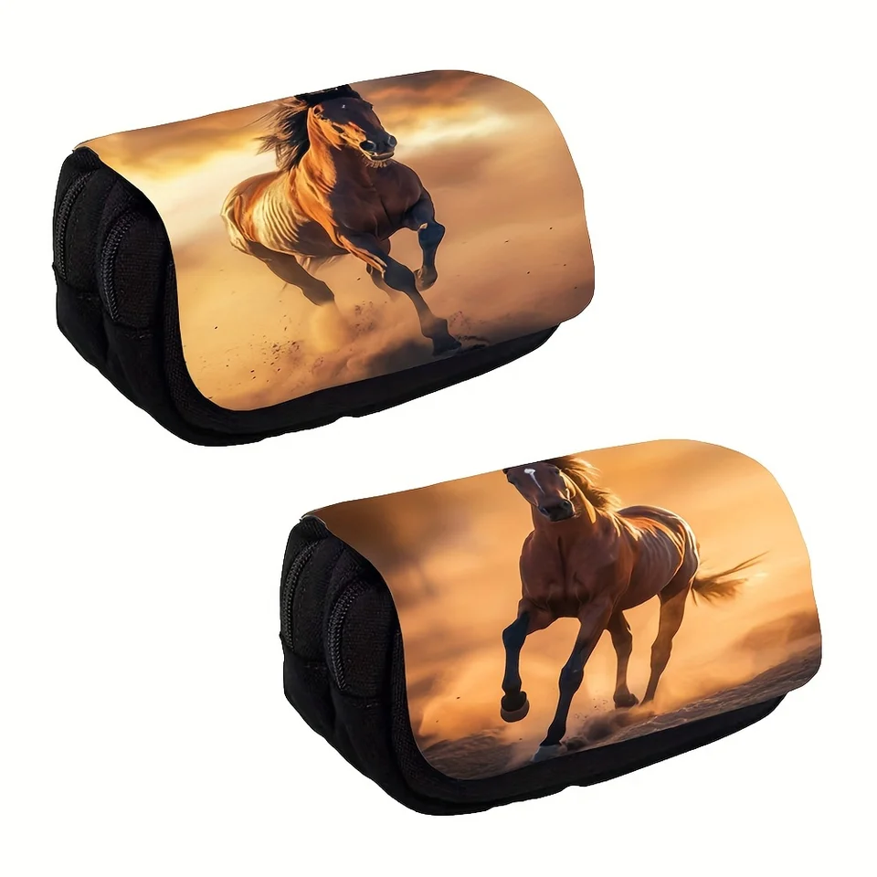 1PC Running Horse Pattern Doubler Layer Storage Bag, Puzdro na ceruzku, Puzdro na ceruzku s veľkou kapacitou pre študentov