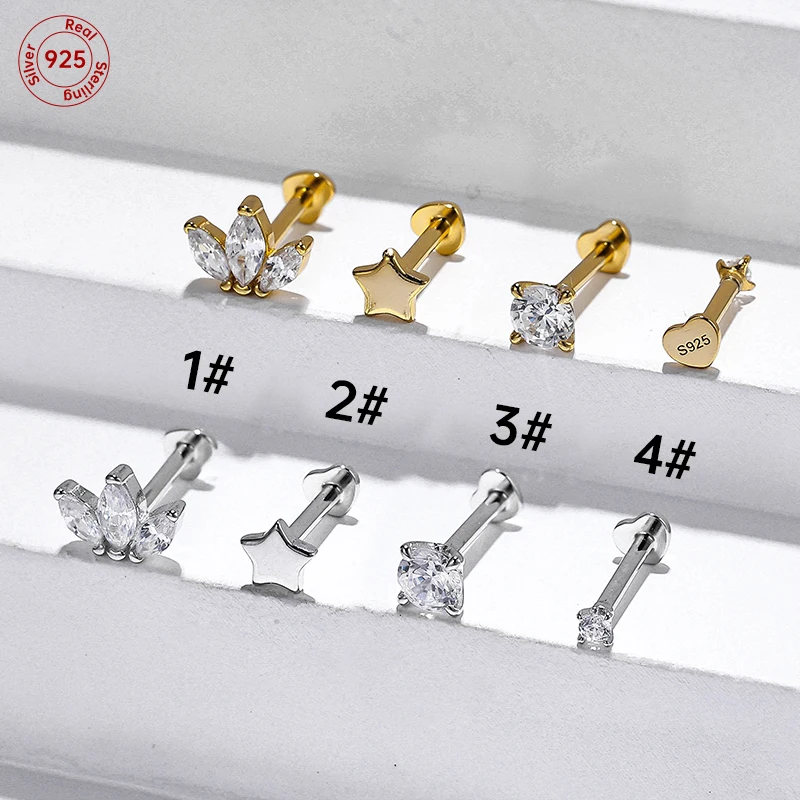 1pc S925 Sterling strieborný vnútorný závit Plochá chrbát Piercing Chrupav náušnice Labret Lab Ring Body šperky