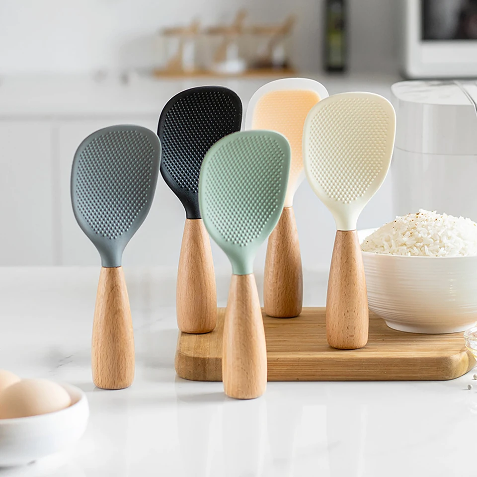 1PC Silikónová drevená rukoväť nadšená ryžová lyžica tepelne rezistentná, nelick, ktorá drží ryžové lyžice domácnosti kuchynské gadget
