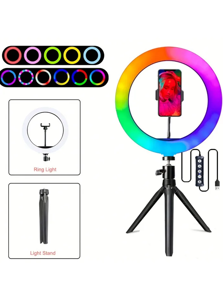1PC Stlmiteľné RGB Ring Light so stojanom na statív a držiakom telefónu - ideálne pre make -up, fotografiu a nahrávanie videa