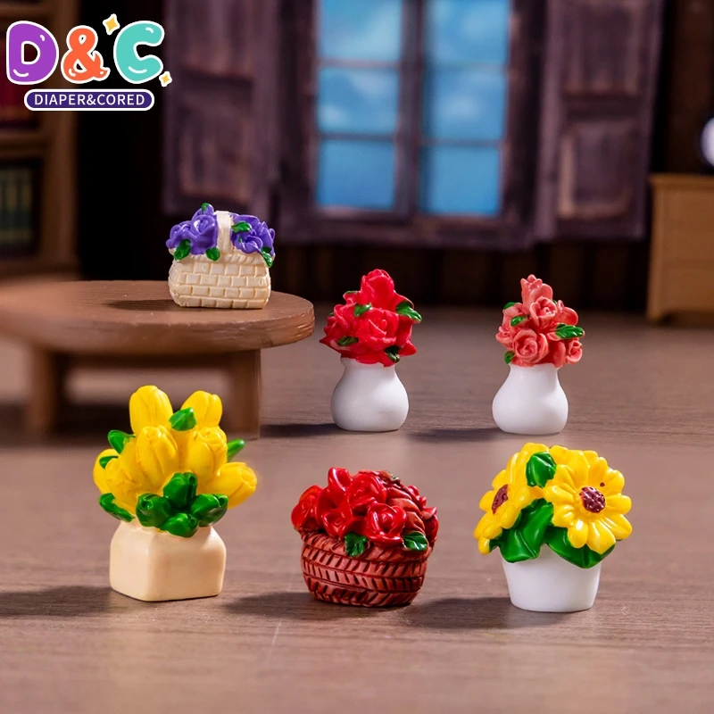 1pc stolné vozidlá dekorácia 1/12 bábiky MinAture Plant Rose Tulip Flower Pot Modely Modely Domáce dekory DIY Príslušenstvo