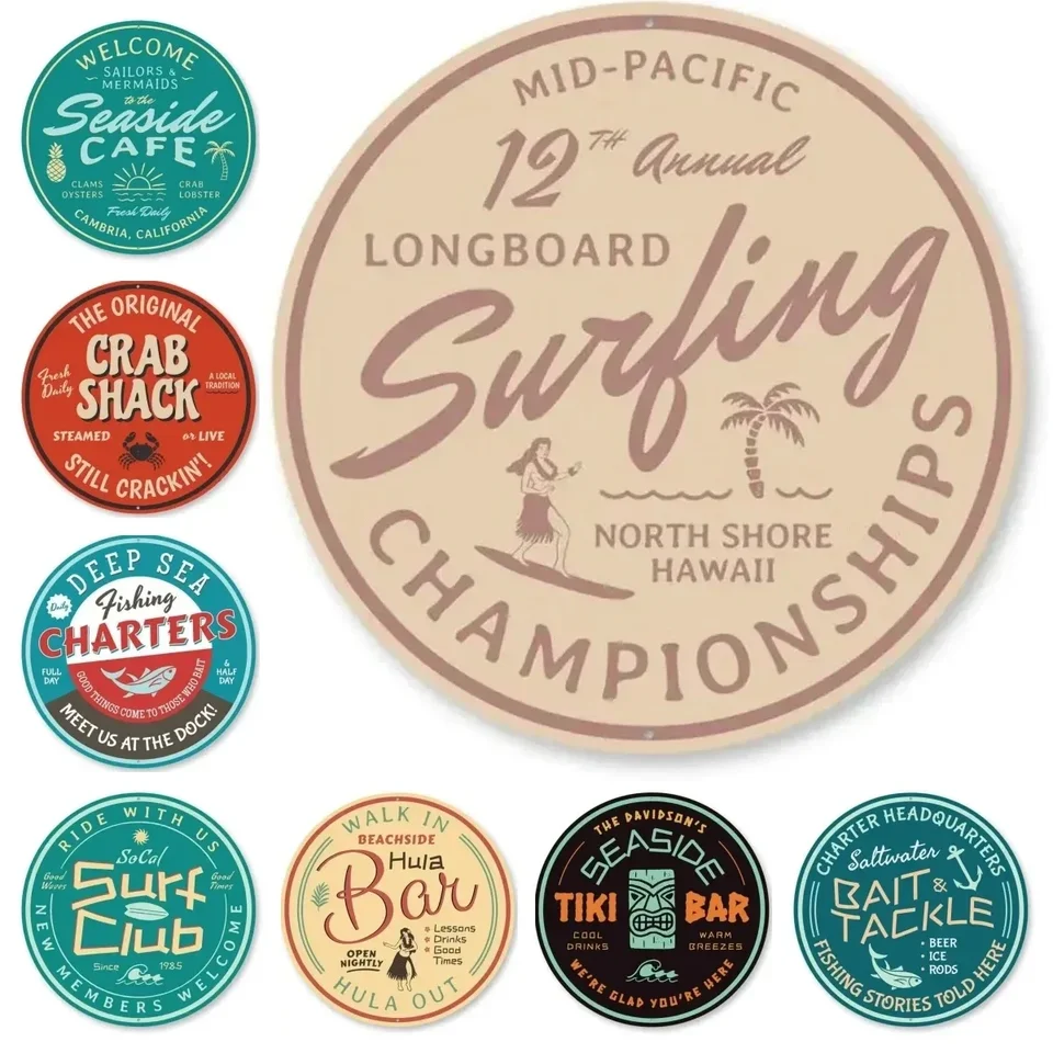 1pc surfový klub Round Metal Sign Ride Ride The Waves Surfer Gift Idea Darode Decor Decor pre dom 12x12 palca