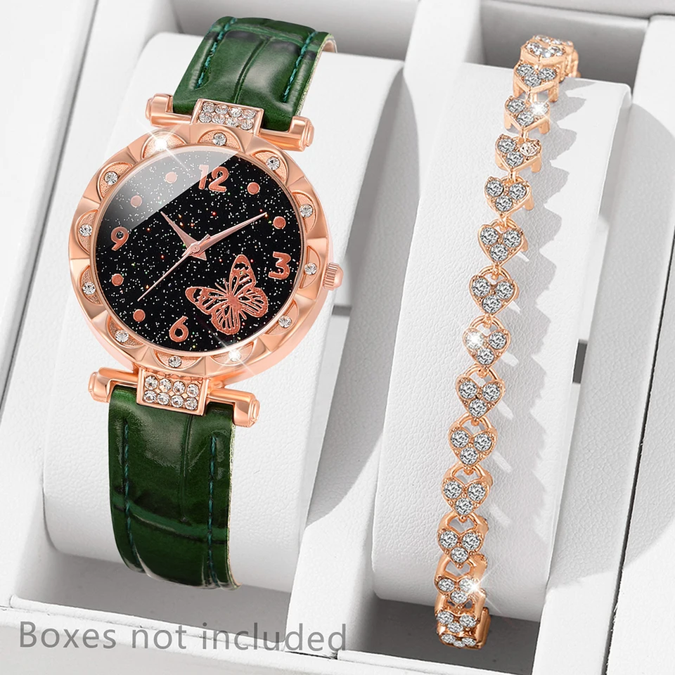 1PC Tmavo zelený PU remienok Fashion SHAPONESTON DEOCOR DECORD ROUD DIAL Butterfly Quartz Watch a 1PC Vodný diamantový náramok