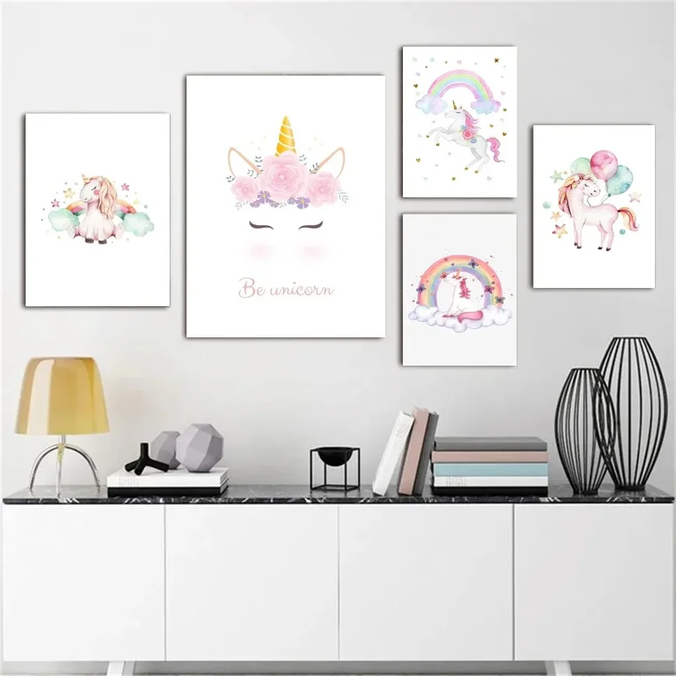 1PC Unicorn Crown Watercolor Flower Yellow Broskyňa plagáty Stukuniek umenia nástenné maľby dekorácie herná izba dekorácie darčeky kawaii hd maľba