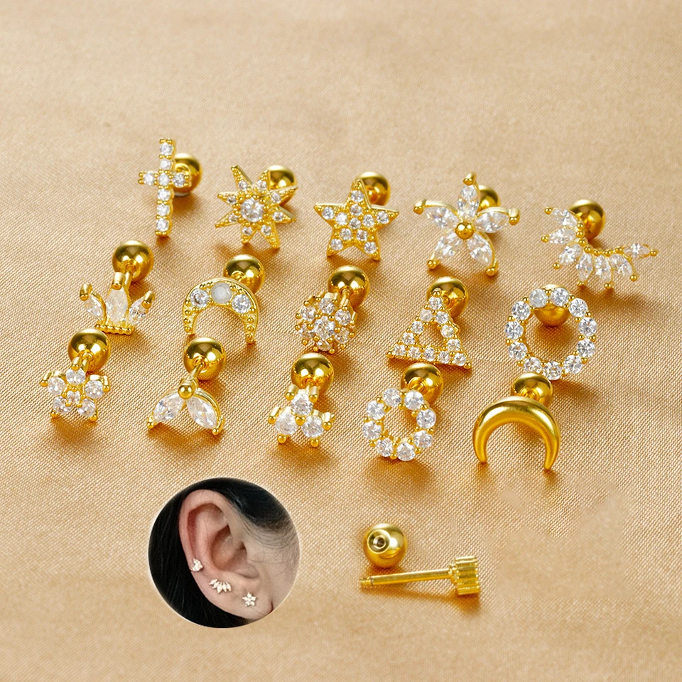 1pc z nehrdzavejúcej ocele Mesiac Kríž s malými náušnicami Drobné kubické zirkónia Rook Loby tragus špirála chrupavka chrupavka Piercing náušnice Jewerly